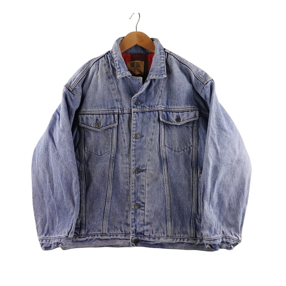 Vintage GAP Denim Trucker Jacket Buffalo Plaid‎ Lined Mens Size Large Workwear